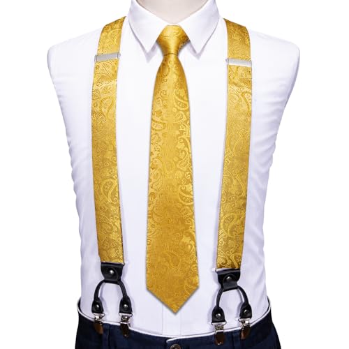 Image of Barry.Wang Men Suspender Set with Necktie Elastic Y Type Heavy Duty 6 Clips Braces Tie Handkerchief Cufflink Pin 6PCS