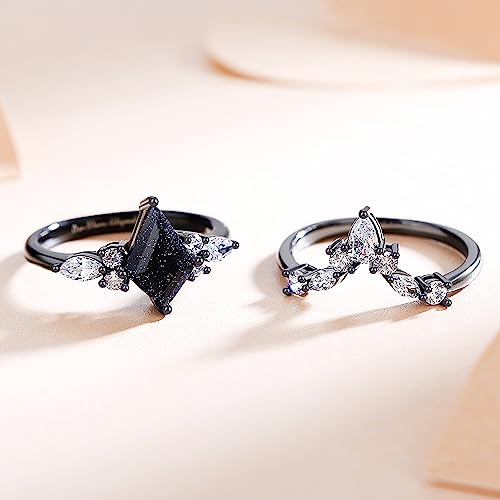 Personalized Promise Rings for Women - Black Rings for Women, Engavable Promise Ring for Her, Blue Sandstone Engagement Rings, Custom Wedding Rings for Women, Unique Matching Rings3