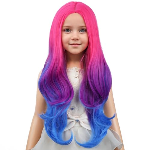 Image of PATTNIUM Rose Ombre Blue Wig Hot Pink to Blue Wig for Kids Child Girls Long Wavy Curly Ombre Blue Wig Girls Heat Resistant Synthetic Hair Wigs