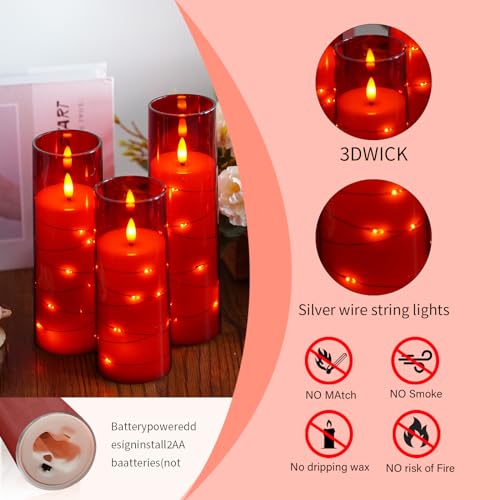 Image of Flameless Candles,with Embedded Star String, Battery Operated Candles Flickering LED Pillar Candles with Remote Control and Timer, Home Decoration Add a Warm and Romantic Atmosphere,Set of 7 (Red)