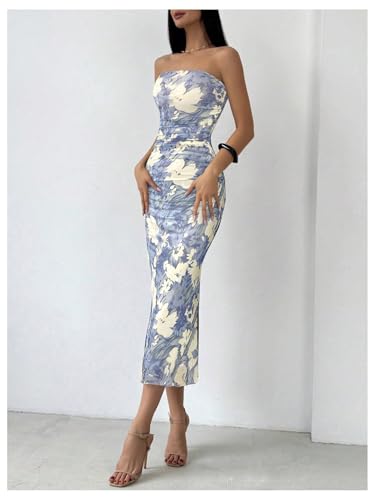 Milumia Women's Summer Strapeless Tube Top Dresses Side Slit Ruched Bodycon Maxi Dress Vacation3