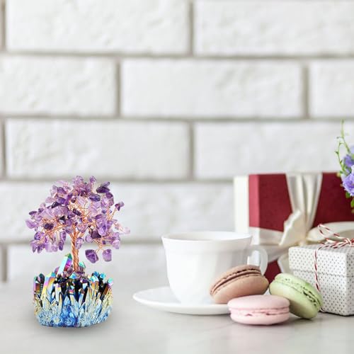 mookaitedecor Amethyst Crystal Tree, Quartz Cluster Rainbow Titanium Crystals Base Bonsai Money Tree for Wealth and Luck