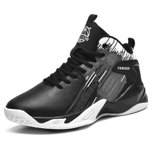 Mens High Top Leather Lace Up Basketball Sport Shoes Fashion Classics Non Slip Chunky Sneakers for Walking Running Tennis Volleyball (Black White,7.5)