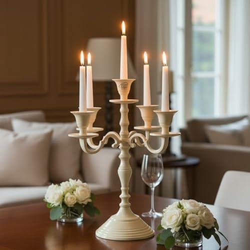 Image of 5 Arm Metal Candelabra Candle Stand | 12 Inch Tall Decorative Candlestick Holder for Dining Table, Living Room, Wedding & Home Decor (Ivory)