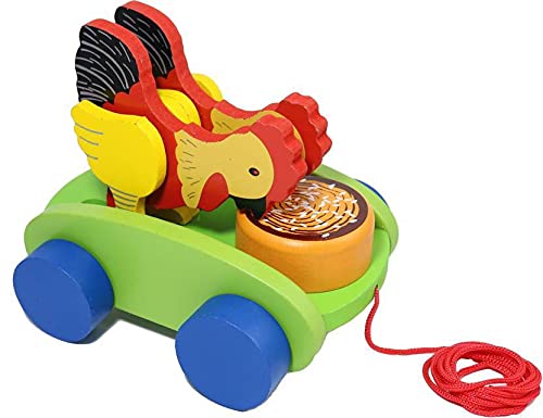 Wooden Drum Musical Pull Along Toy, Baby Early Walking Pull Toy, Rope Toy for Babies, Walking Toy Vehicle for Babies Wood, Multi Color (Pack of 1) (Hen)