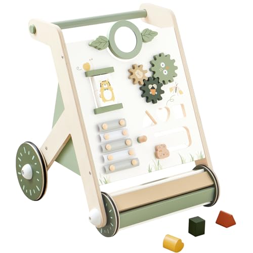 Image of Beright Wooden Baby Walker with Roller Upgraded, Push and Pull Learning Activity Walker, Multi-Functional Kids’ Activity Toys, Develops Motor Skills & Stimulates Creativity, Green