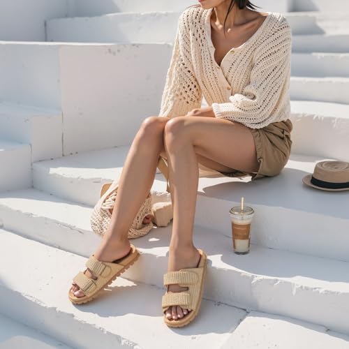 Image of Womens Espadrilles Slide Sandals Hook and Loop Slip-on Straw Raffia Flat Sandals for Women Woven Slides Comfortable Beach Flats