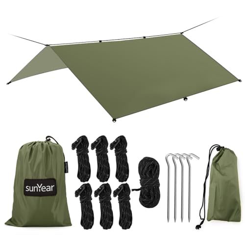 Image of Hammock Rain Fly Tent Tarp Provides Effective Protection Against Rain, Snow. 32ft Long Ridgeline. Big 9.8x9.5ft Durable, Waterproof 210D Oxford. 6 Reflective Guy Lines, 2 Stuff Sacks. Easy Assembly