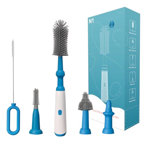 Image of Electric Bottle Brush Cleaner Set, Electric Baby Bottle Brush Cleaner with Rechargeable Electric Bottle Cleaner and Silicone Bottle Brushes and Straw Brush, Automatic Bottle Cleaner Brush (Blue)