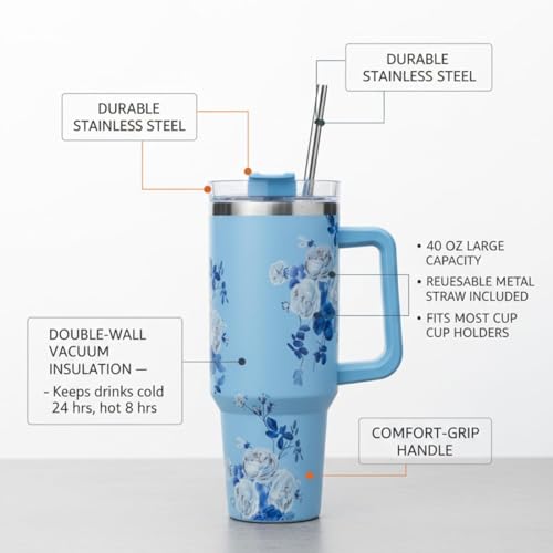 Image of Silver Shark Insulated Tumbler with Straw and Handle |Color Blue Flower| 1200 ML