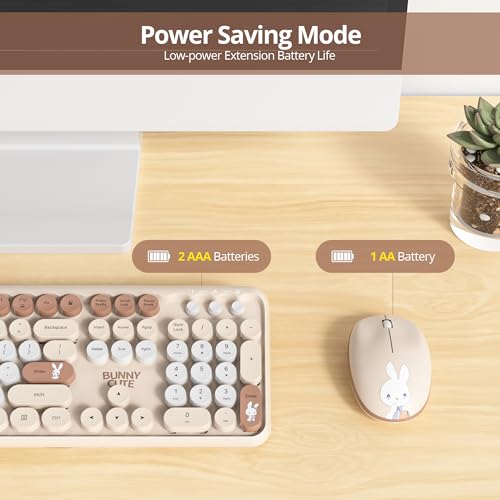 Image of Owpkeenthy Cute Beige Keyboard and Mouse Wireless, Colorful Keyboard Retro Typewriter Style Full-Sized with Number Pad Round Keys for Desktop, Laptop and Computerr (Bunny Beige)