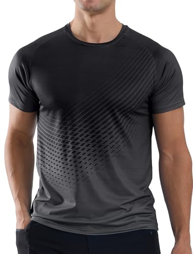 Sport Tshirts Herren Trainingsshirt Atmungsaktiv Laufshirt Funktionsshirt Kurzarm Sportshirt Schnelltrocknend Gym Shirt Farbverlauf Fitness Running Tops Schwarz M