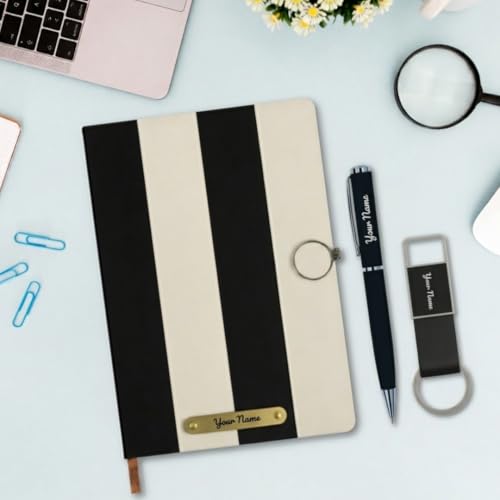 Image of Giftana 3 in 1 Personalized Diary with Pen and Keychain Gift Set for Men & Women, Leather Hardcover Diary, Customized Notebooks Diaries for Office, Employee Welcome Kit, Corporate Gifts for Employees (Black)