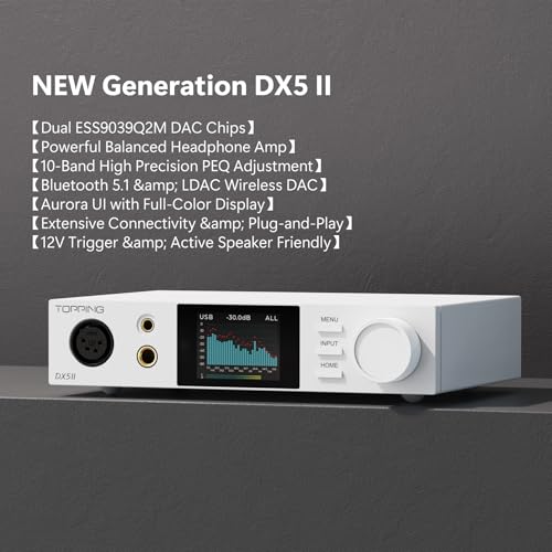 Image of TOPPING DX5 II Hi-Res DAC & Headphone Amp Combo - Dual ES9039Q2M, X-Hybrid Amp, 10-Band PEQ, LDAC Bluetooth 5.1, 4.4mm Balanced & 6.35mm Headphone Output, Preamp Mode, 12V Trigger (Silver)