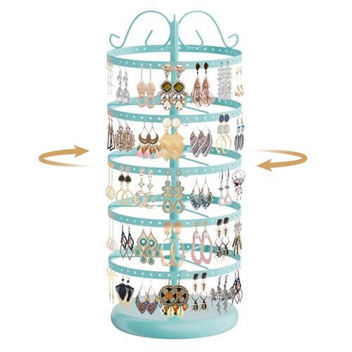 Image of MODOWEY Rotating Earring Holder Organizer Stand, 5 Tier Metal Tree Display for Women Vendors, 220 Holes Adjustable Jewelry rack for Stud Hoop Dangle Storage, Trendy Carousel Keeps Dresser Neat, Blue