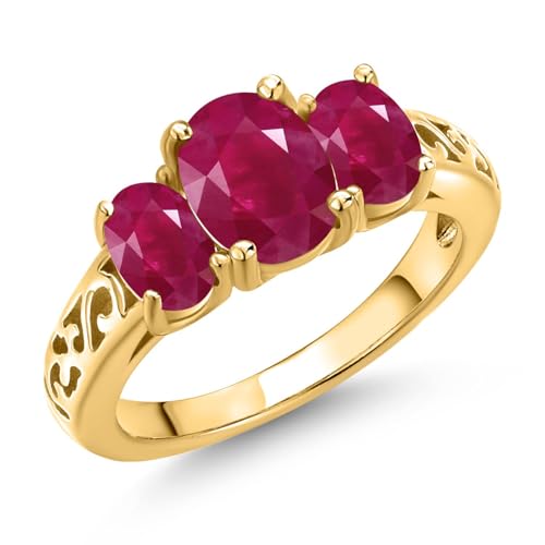 Gem Stone King 18K Yellow Gold Plated Silver Red Ruby Filigree Style 3 Stone Ring for Women (2.80 Cttw, Oval 8X6MM and 6X4MM, Available in Size 5, 6, 7, 8, 9)