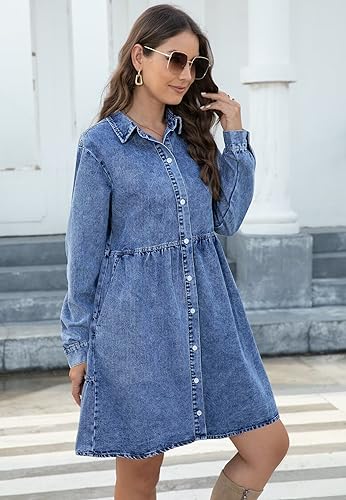 Image of Denim Dress for Women 2026 with Pockets Short Sleeve Jean Dresses for Women