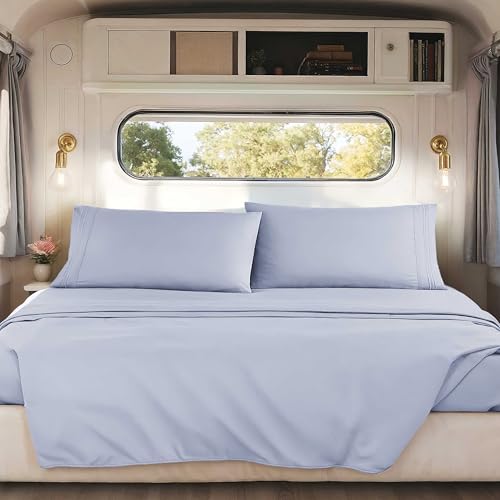 Image of Nestl Ice Blue Short Queen Sheets for RV, Hotel Luxury RV Queen Sheets Set, 4 Piece Fitted Bed Sheet Set and Pillowcases, Super Soft, Wrinkle-Free, and Breathable Camper Bedding