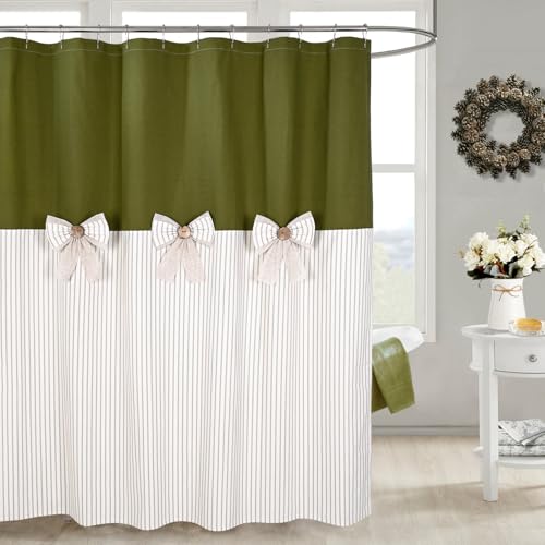 DOSLY IDÉES Farmhouse Green Shower Curtain,Bowknot,Cotton Blend Fabric,Pleated Green Stripe,Country