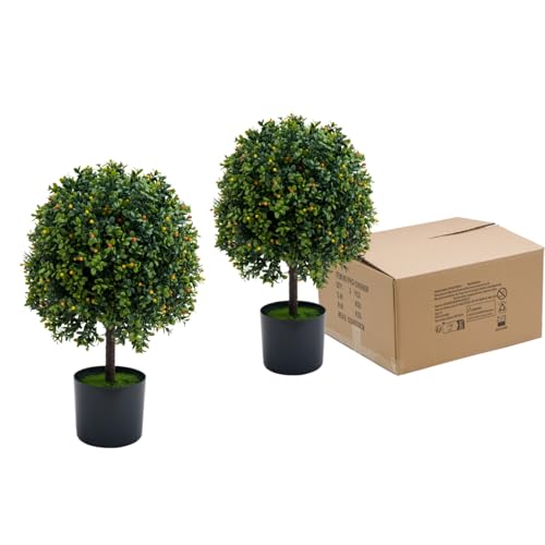 Artificial Topiary Boxwood Ball Trees 20 Inch, Fake Greenery with Fruits for Front Porch, Indoor Walkway, Entryway, Set of 2