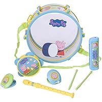 Peppa Pig Pack Away Drum Set | 5+ Piece Kids Musical Instrument Playset | Children's Music Toy Band Set with Drum, Tambourine, Recorder, Harmonica & Castanets | Preschool Music Toy | Ages 3+