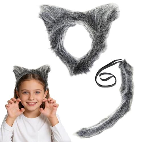Disfarce de lobo 3 peças, diadema com orelhas de lobo fato de cinzento escuro com gravata, orelhas de lobo e cauda, para Halloween carnaval festival festa Show Cosplay (A)