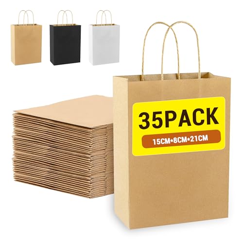 35 Stück Papiertüten mit Henkel, 15 x 21 x 8 cm Geschenktüten...