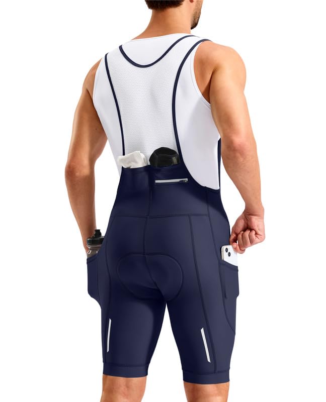 Bikewa Mens Cycling Bibs 4D Padded Bike Shorts with Anti-Slip Leg Grips Padding Biking Bicycle Road Riding Cycle Bib Shorts for Men Rear 2+1 Zipper Pockets UPF50+(Navy/White L)