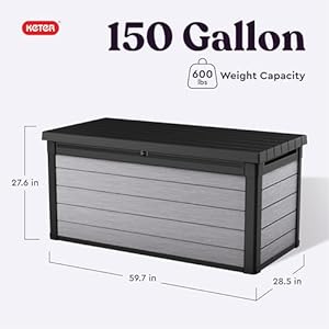 Keter Denali 150 Gallon Resin Large Deck Box with Double Wall 20mm Panels Paintable and Drillable Organization and Storage for Patio Storage Box and Outdoor Items Grey Black