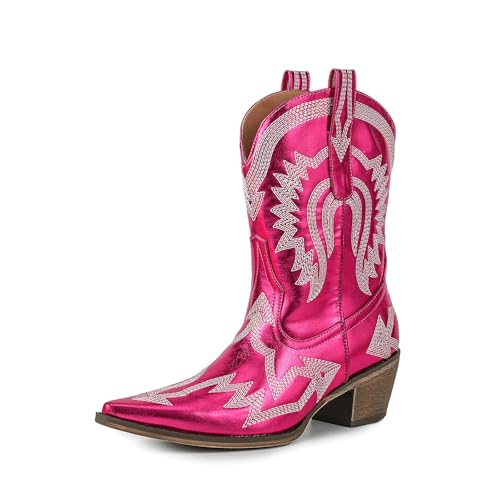 Bottines de cow-boy brodées femmes bottes western mollet large similicuir d'hiver