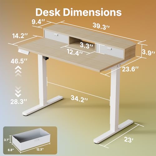 Image of HUANUO 40 inch X 24 inch Electric Standing Desk with 2 Drawers, C-Clamp Mount Compatible, Height Adjustable Computer Desk, Home Office Stand Up Desk with 4 Preset Heights & 2 Hooks, Light Walnut
