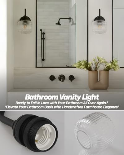 Image of Vintage Industrial Wall Sconce Lighting with Clear Striped Glass Shade, Hardwired Wall Vanity Light Fixture for Bathroom Kitchen Living Room Bedroom Hallway