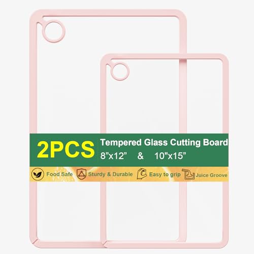 Set of 2 GlassCuisine Toughened Glass Chopping Boards (Pink) – Heat Resistant Worktop Savers with Non-Slip Silicone Edges and Juice Groove