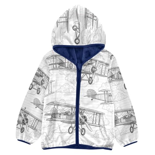 Airplane Sketches on Cloud Toddler Fleece Jacket Girl Boys Hooded Fleece Jacket Coat Warm Outwear Zip-up 3-10T