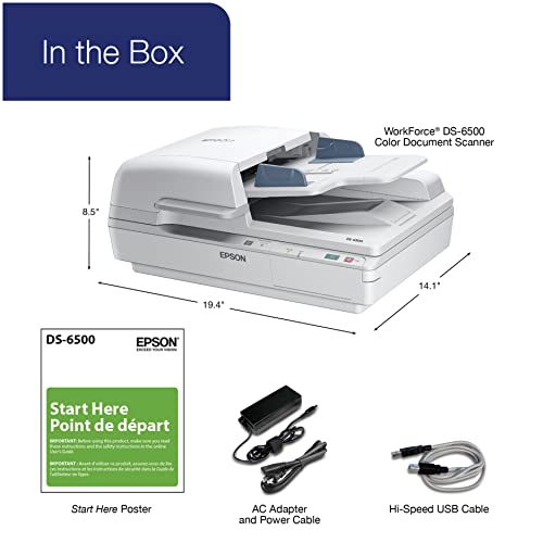 Epson Workforce Ds-6500 Sheet-Fed, Color Document & Image Scanner, 100 Page Auto Document Feeder (Adf) & Duplex (B11B205221) #TOP6