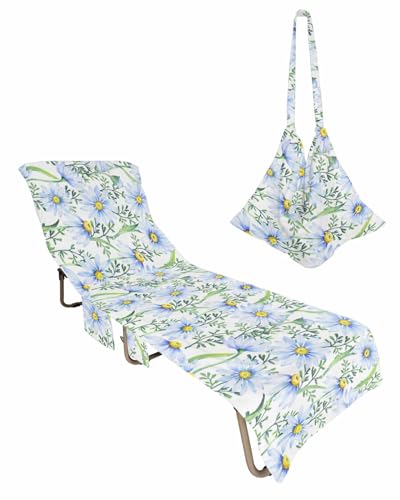 Blue Daisy Beach Lounge Chair Towel Cover, Soft Chaise Lounge Towel with Side Pockets Patio Pool Chairs Cover for Beach/Pool Sunbathing 29x85 Green Plant Leaves Blooms Botany Floral Watercolor