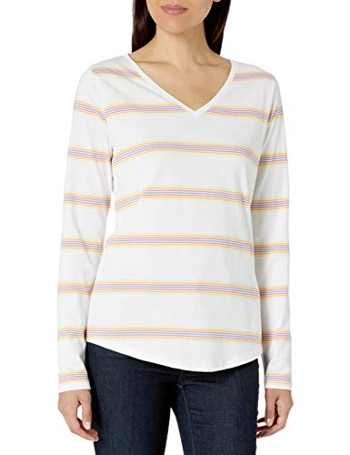 Amazon Essentials Women's Classic-Fit 100% Cotton Long-Sleeve V-Neck T-Shirt, White Grounded Multi Stripe, Medium