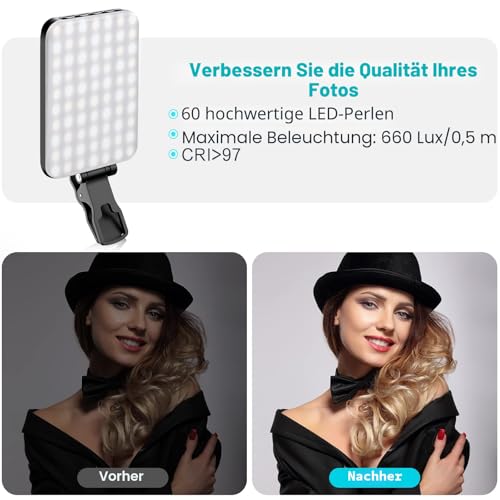 Selfie-Licht, 60 LED 2200mAh wiederaufladbares Handy-Fülllicht 7 Modi, 10-stufige Helligkeit, tragbares Clip-On-Licht für Telefon/Tablet/Laptop, Zoom Call Vlog Make-up TikTok Video Fülllicht 5