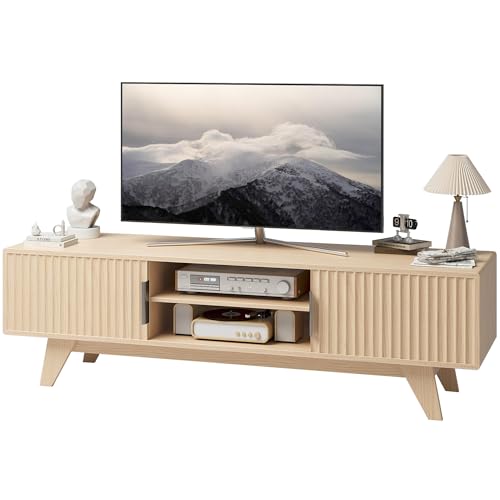 Image of Claiks Mid-Century Modern TV Stand for 65 inch TV, Wood Fluted TV Stand with Storage and Adjustable Shelves, Low Profile TV Console for Living Room, Oak