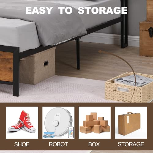 anwickjeff Modern Industrial Queen Bed Frame with LED Lights, Storage Headboard and USB Ports, Queen Size, 800lbs Capacity, Rustic Brown - Thumbnail 7
