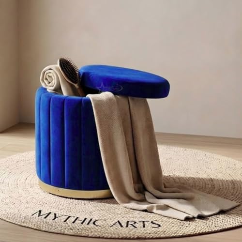 Image of Superior Round Storage Ottoman Stool 16 X 16X 19 inch, with Gold Metal Base | Elegant Pouffe with Secret Storage | Cushioned Footrest for Living Room, Bedroom, and Lounge Blue