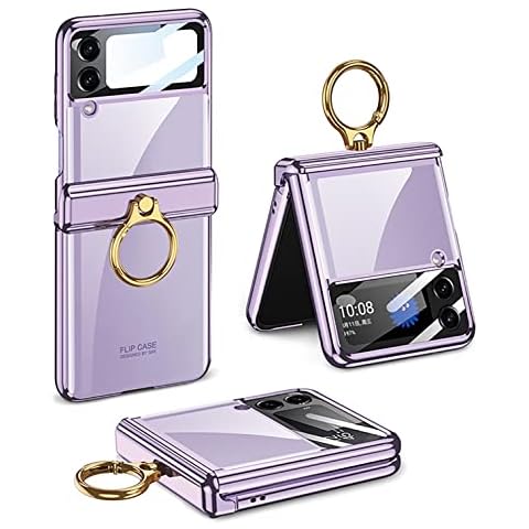 FODDOM for Samsung Galaxy Z Flip 4 Case Magnetic Hinge Protection with Ring, Luxury Transparent Plating PC Crystal Cover Anti-Scratch Glass Camera Lens Protector All-Inclusive Case (Purple) Cover