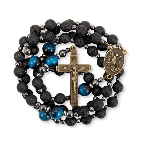 Chapelet en pierre de lave et œil de tigre bleu avec croix artisanale