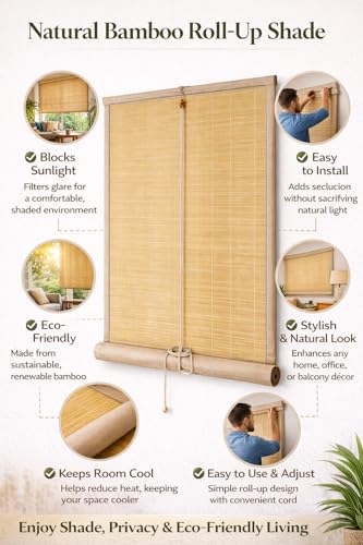 Image of Water Proof Bamboo Curtains for Balcony Roller Rollup Blinds, Bamboo Chick Curtain, for Rain, Sunlight, Dust & Cold Air Protection (Color-Pink,4ft x 8ft (W x H)