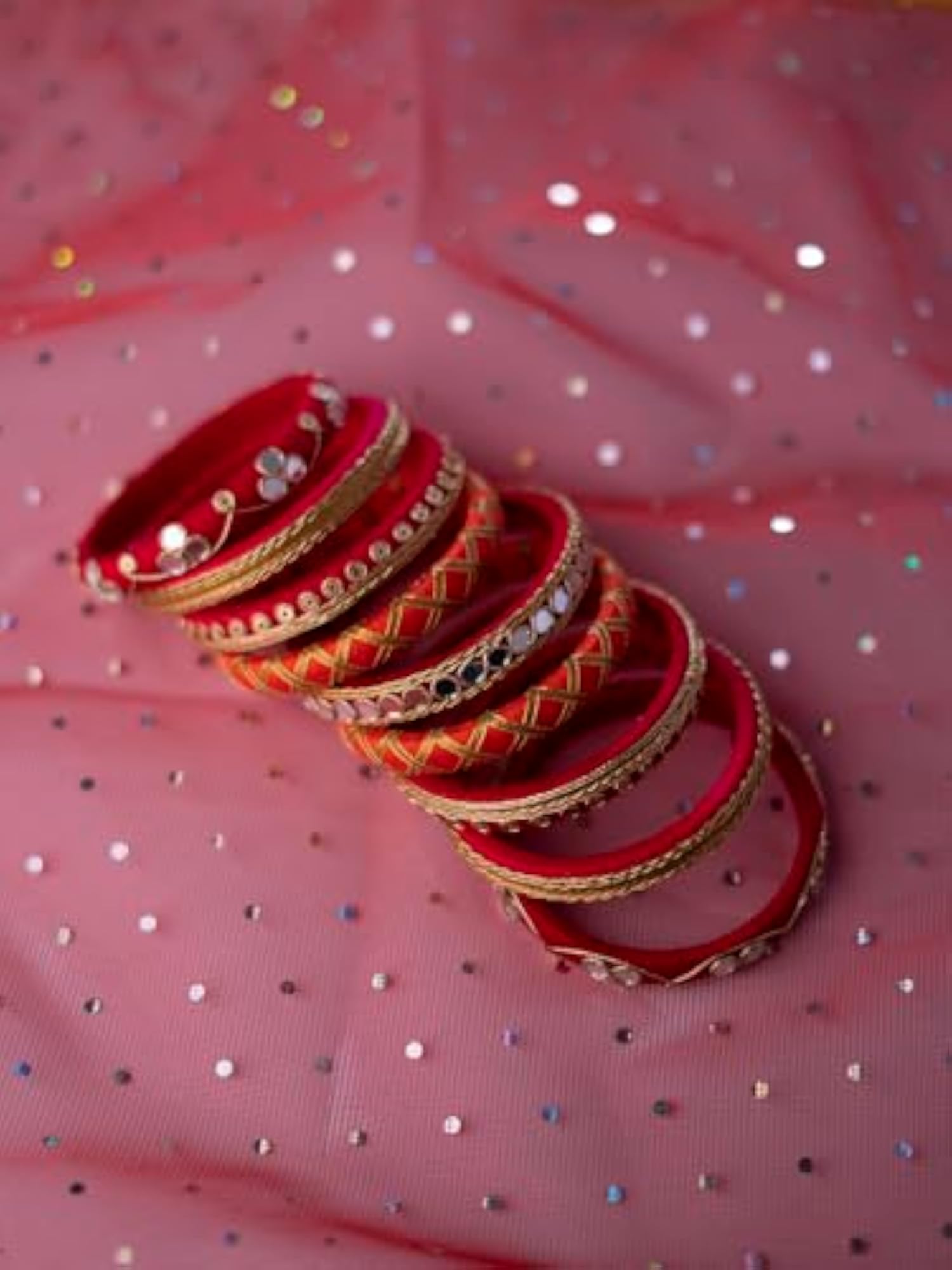 Women's Maroon & Green Hand Painted Gotapatti Karwachauth Bangles Set