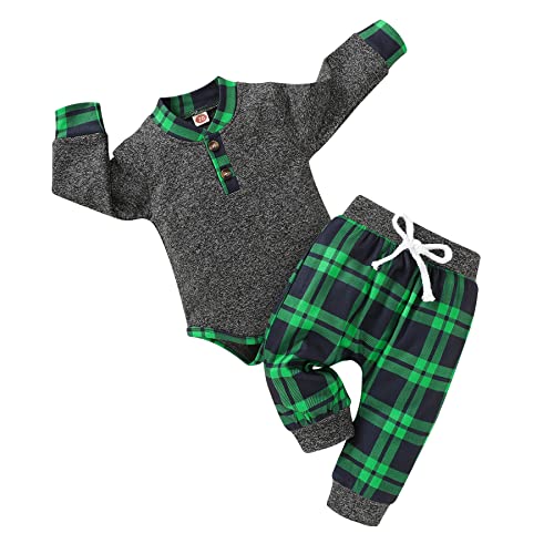 Image of I'm so thankful Newborn Baby Boy Fall Clothes Infant Plaid Long Sleeve Button Romper and Pants Set Winter Outfits