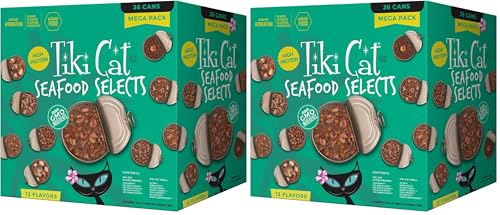 Image of Tiki Cat Seafood Selects, Ultimate Variety Pack, 36 High Protein Servings with Real Flaked Fish, Wet Cat Food Mega-Pack, 2.8 and 3 oz. Cans (Pack of 2)