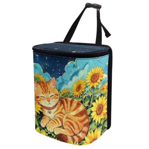 Image of Talayituse Cat Sunflower Cloud Print Car Trash Can with Lid, Leak Proof Auto Trash Bag Hanging Vehicle Garbage Can Multipurpose Storage Container for Back Seat Road Trip