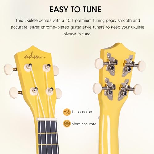 Image of ADM Ukulele for Beginners Hawaiian Wood Ukelele Kit for Kids Adult Student Starter Professional Ukalelee Pack Bundle with Free Lessons Gig Bag Strap Nylon String Tuner (Baby Yellow, 21 Inch)