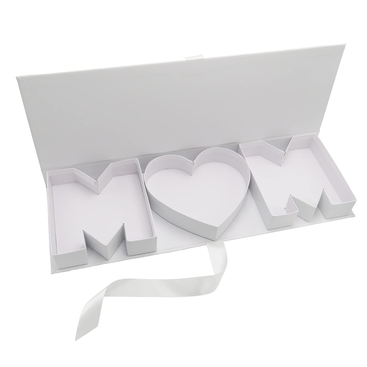Empty MOM Letter Shaped Gift Box Mother's Day Paperboard Sweet Flower Chocolate Packaging (M Heart M, White)